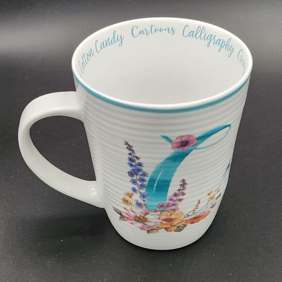 Lisa Audit Letter "C" Mug Cup Ribbed Floral Words Cotton Candy Chocolate Cats - Picture 4 of 8